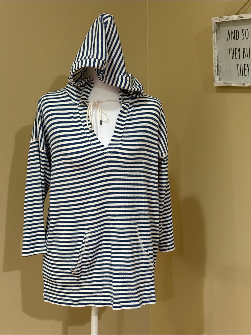Chaps Women’s Navy & White Striped Hooded shirt or Swim Cover-Up